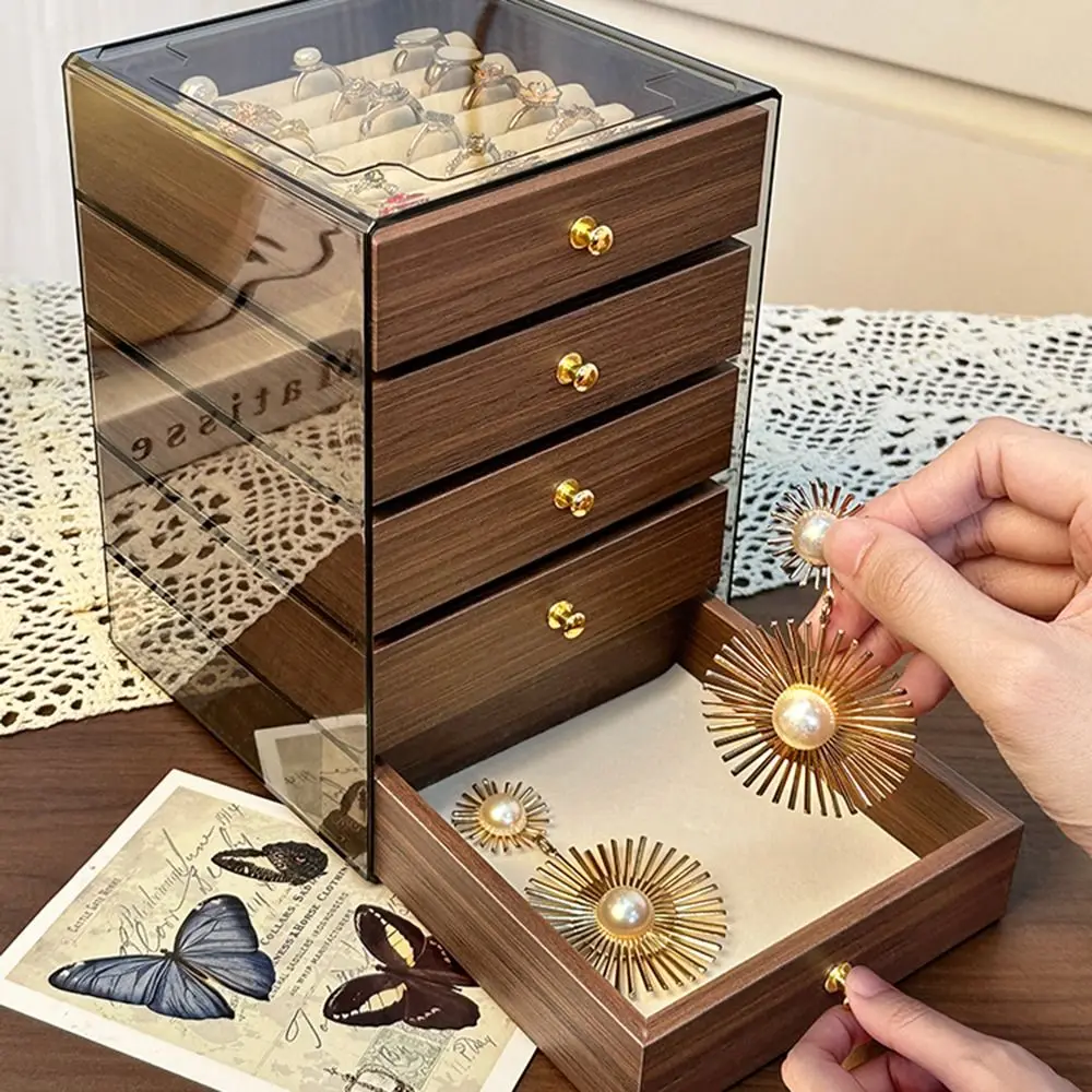 

Large Capacity Jewelry Storage Box Dust-proof 3/5 Layers Wooden Walnut Grain Jewelry Box Simple Drawer Type Desktop Storage Case