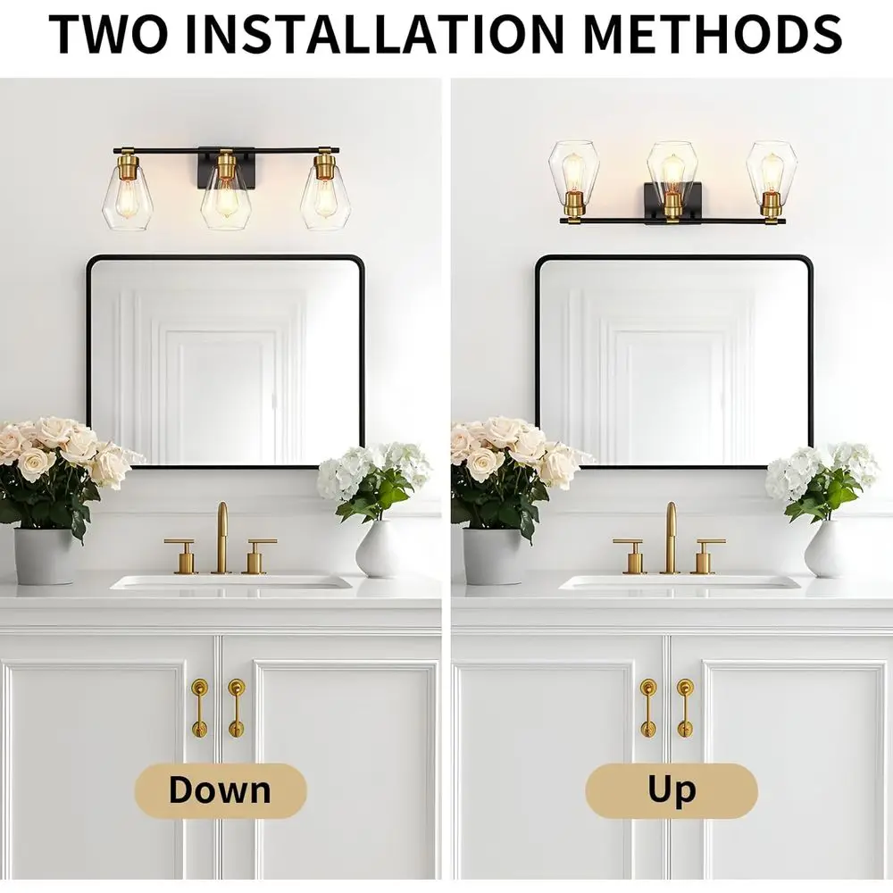 3-световой черный и золотой светильник для туалетного столика с прозрачными стеклянными абажурами для современных зеркал в ванной комнате, подходит для гардеробных, прихожей и