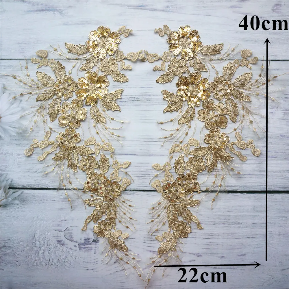 2PCS Lace Sequin Flower Appliques Embroidered Bridal Gown Fabric Collar Sew Patch For Wedding Clothes Dress Decor DIY Crafts