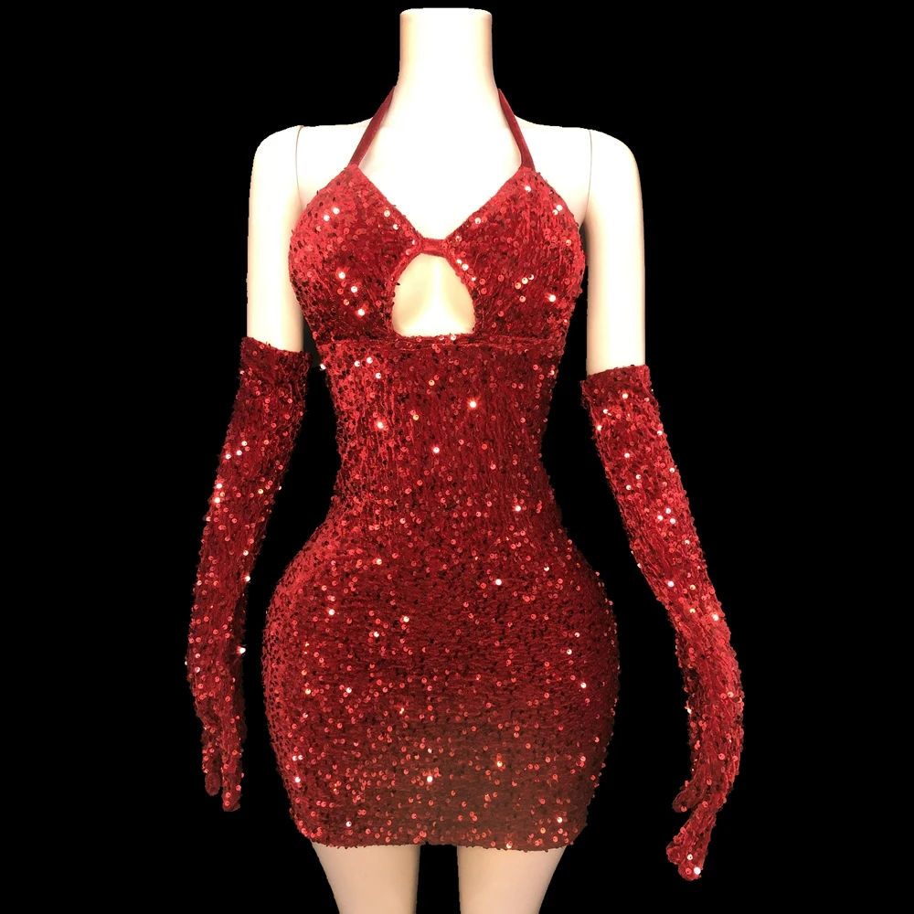 

Shining Sequins Evening Prom Celebriate Birthday Dress Sexy Halter Backless Bodycon Short Dress Gloves Women Show Stage Wear