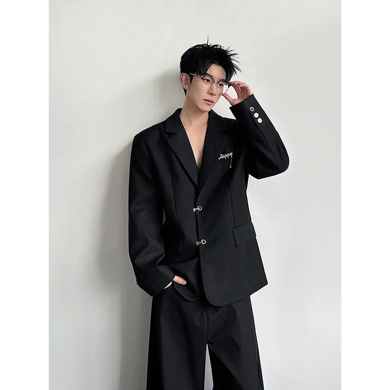 

Retro Korean Style Men's Suit Jacket Shoulder Pads Metal Buckle Light Color High Quality Black Suit Casual Spring Autumn Wear