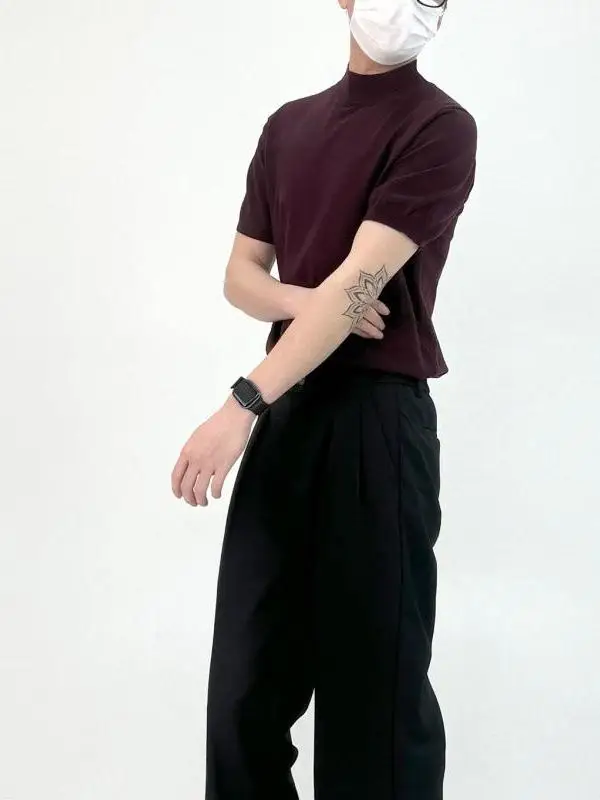 

Свободная трикотажная футболка с высоким воротником и коротким рукавом из смесового волокна, повседневная, дышащая, с завязками на талии