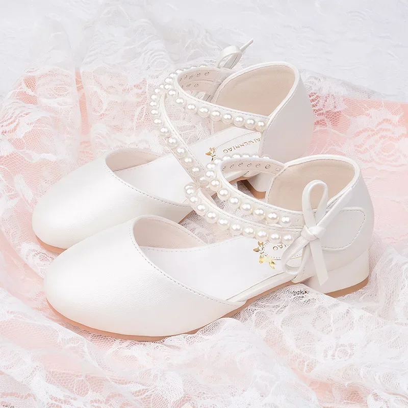 Primavera Estate Ragazza Scarpe da principessa Perla Bowknot Bambini Festa Abito da sposa Sandali Moda Causale Bambini Prestazioni Tacco alto