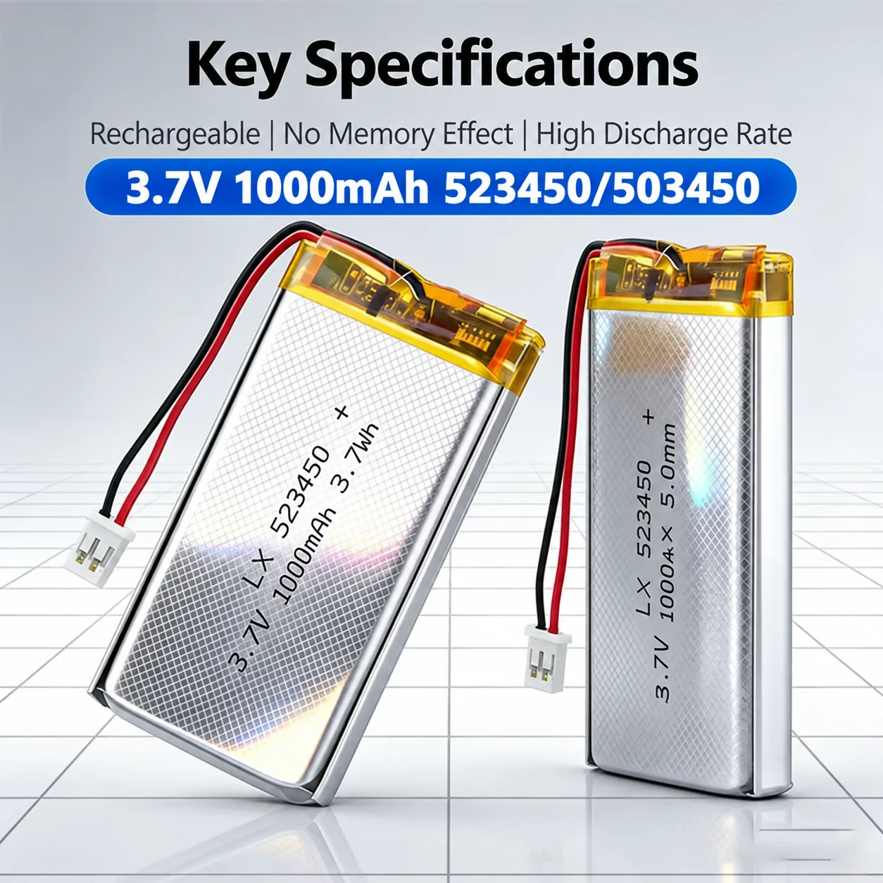 3.7V 1000mAh High Capacity 523450 503450 Rechargeable LiPo Battery Bulk Pack for Smartphone Speaker GPS Radio