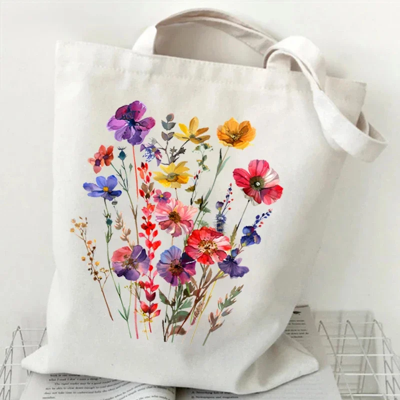 

Artistic Watercolor Floral Pattern Canvas Tote Bag Stylish Vibrant Shoulder Bag Colorful Flowers Bouquet Designs Versatile Bag