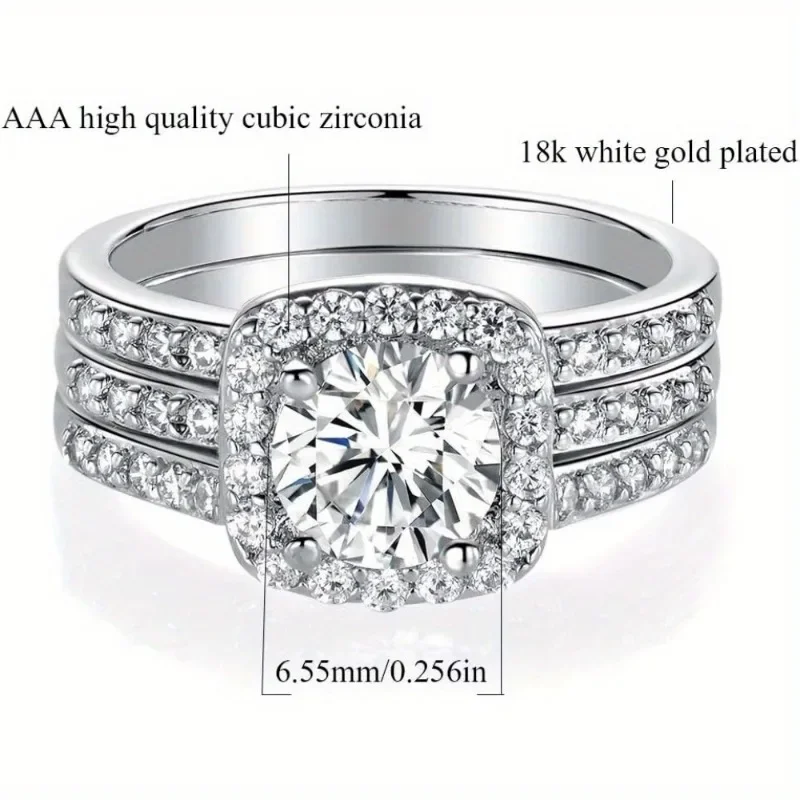 18K White Gold Plated Cubic Zirconia Three-in-One Halo Wedding Engagement Promise Eternity Ring for Women