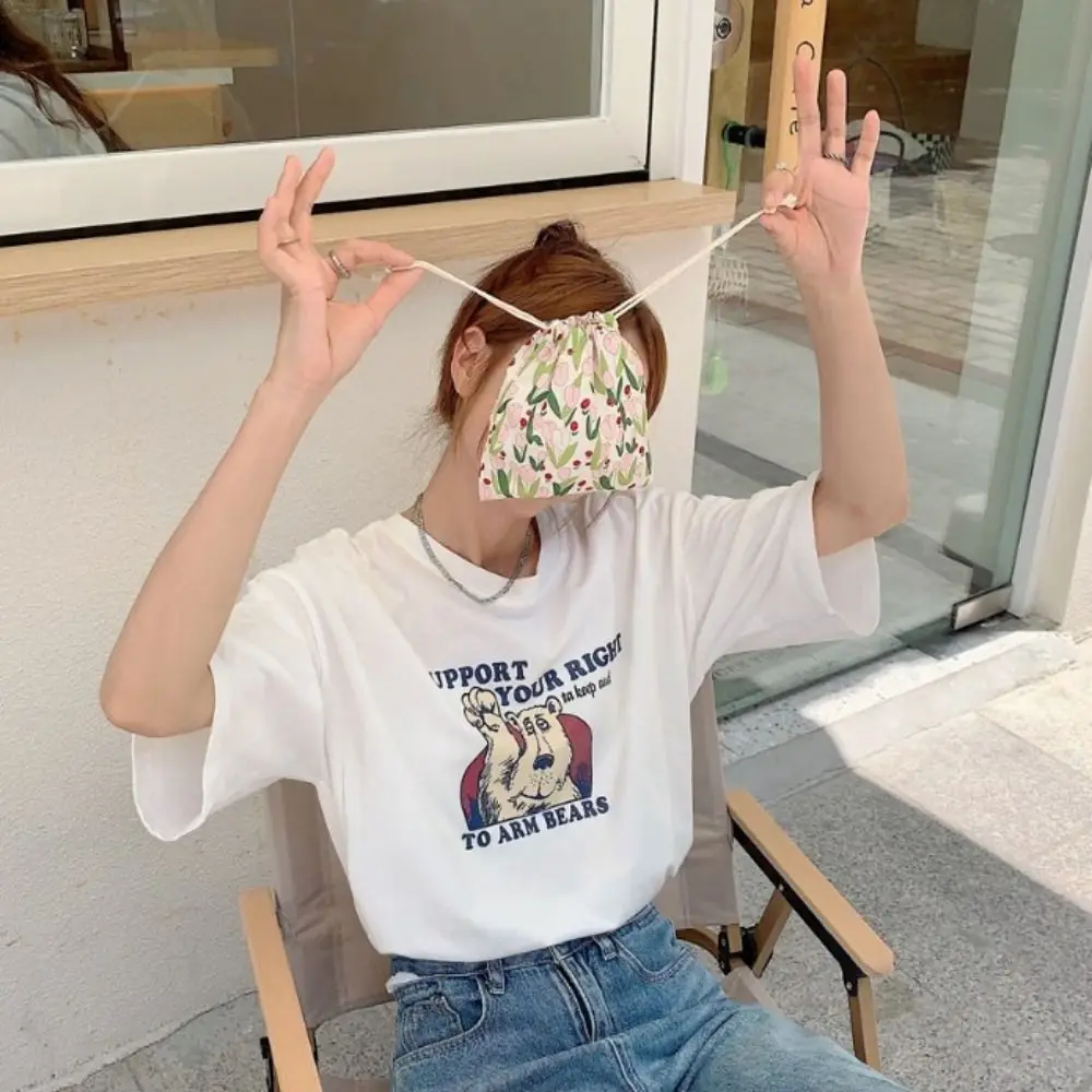 Saco de armazenamento de cordão de lona fresca tulipa bolsa portátil boca saco de armazenamento de cordão menina