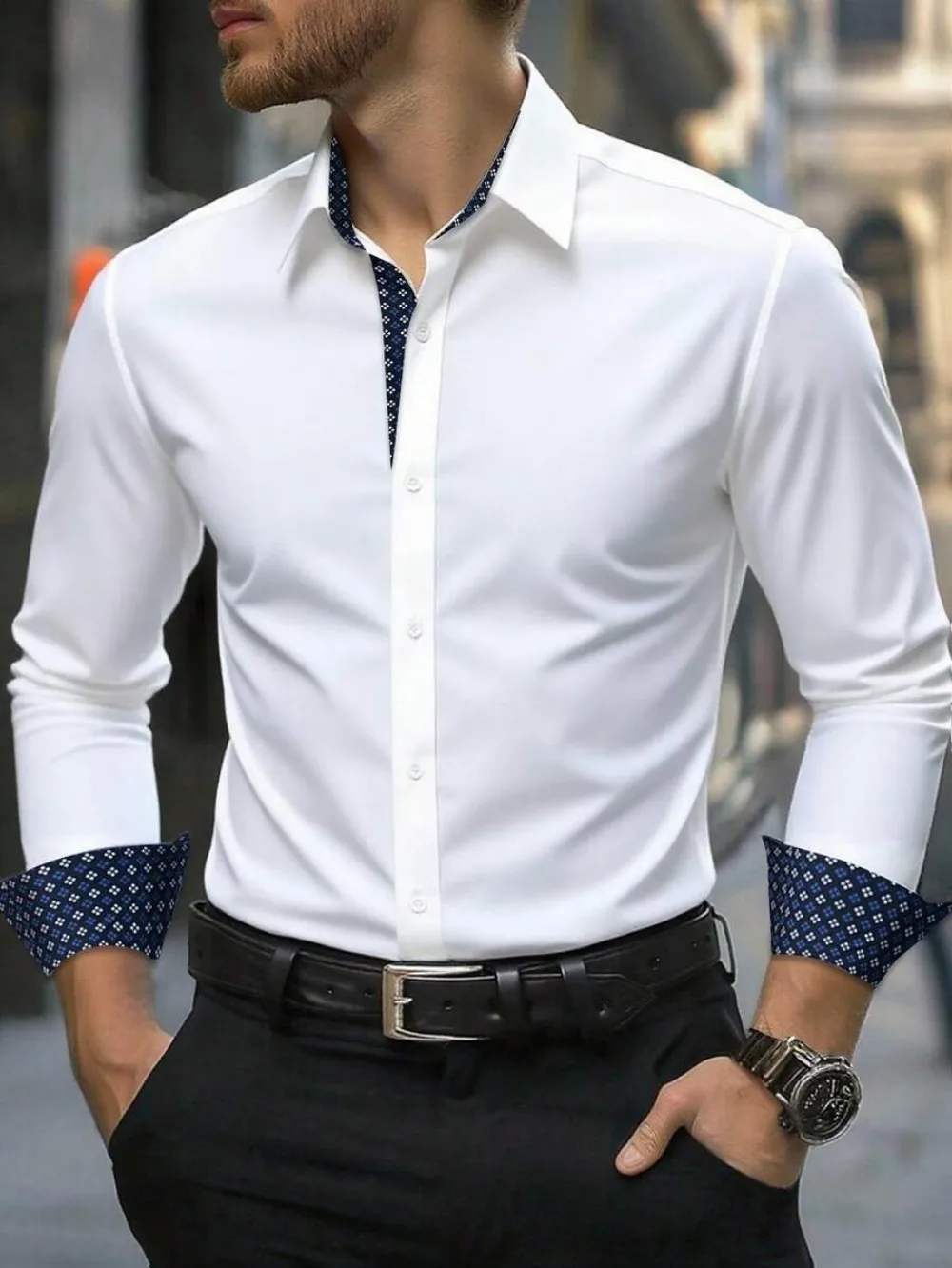 New Men's Color Blocked Polka Dot Lined Long Sleeved Shirt with Button Down Collar, Business Casual Shirt, Fashionable and Elega