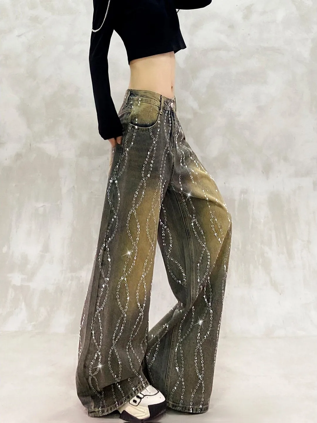 

Retro Heavy Duty Rhinestone Washed High Waist Loose Slim Straight Leg Jeans Casual Style Spring New Arrival Women's Denim