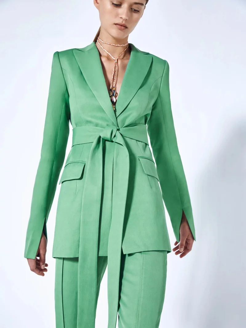 Groene Vrouwen Suits Set 2 Stuks Blazer Met Riem + Split Broek Custom Made Fashion Hot Girl Casual Jacket Party prom Dress