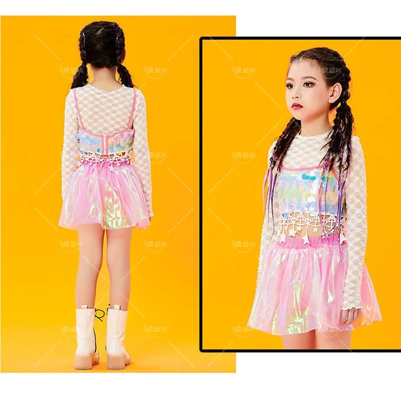 Kids Summer Dance Clothes Sequins Net Top Skirt/Pants Set Girls Hip Hop Modern Jazz Streetwear Stage Performance Costume