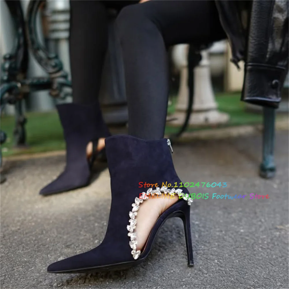 

Синие замшевые ботильоны на высоком каблуке со стразами, женские, сексуальные, с острым носком, на шпильке, с вырезом сзади, на молнии, с кристаллами, короткие