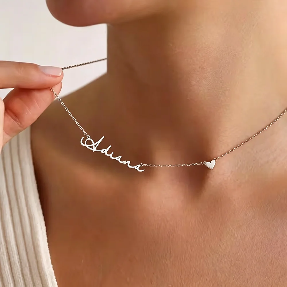Custom Handwriting Name Necklace For Women With Tiny Heart Pendant Personalized Nameplate Choker Jewelry Gift For Girlfriend Mom