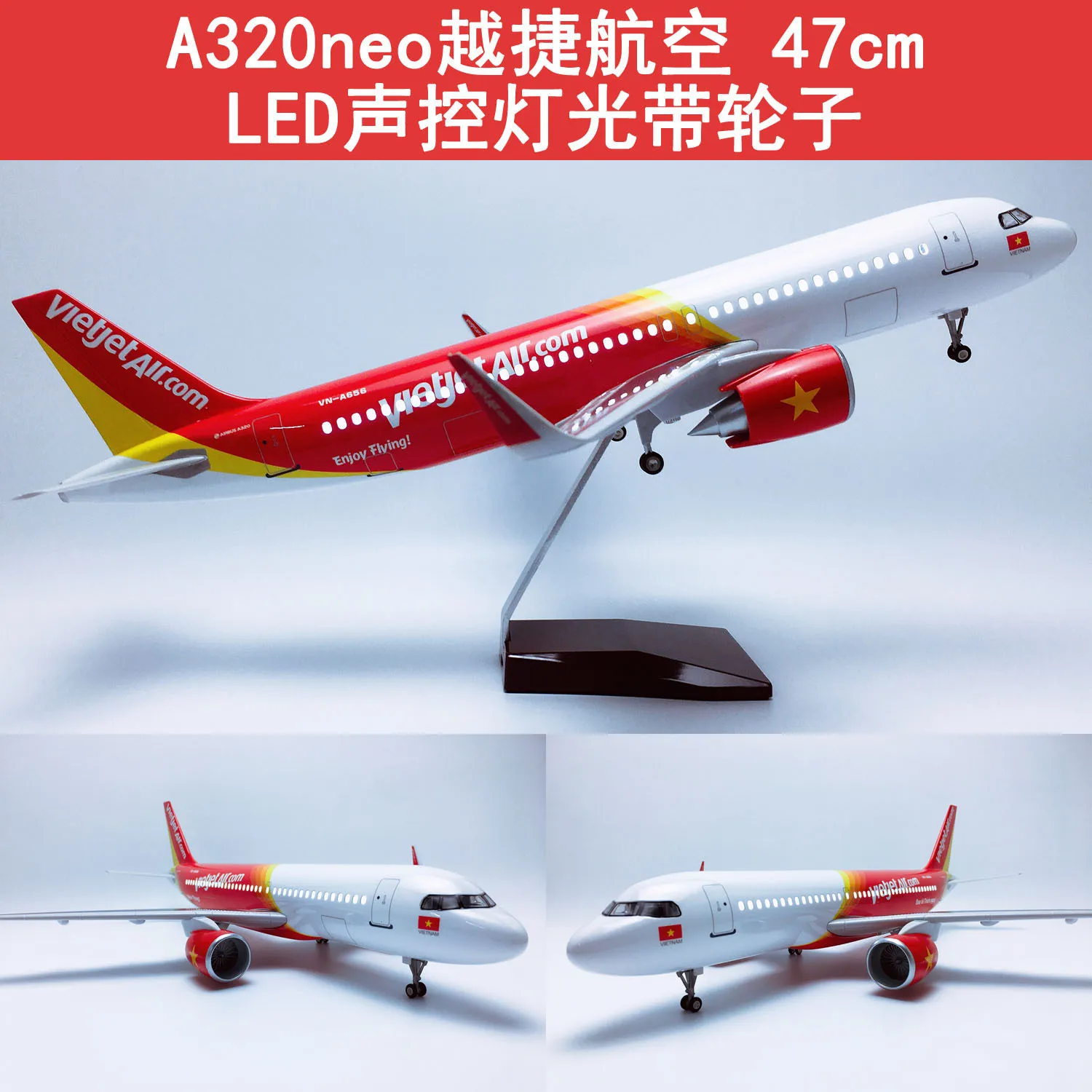 47cm 1/80 Scale Air Airbus A320 VietJet Airlines Aircraft Model Diecast Resin Light & Wheel Souvenir Plane Display Item Decor