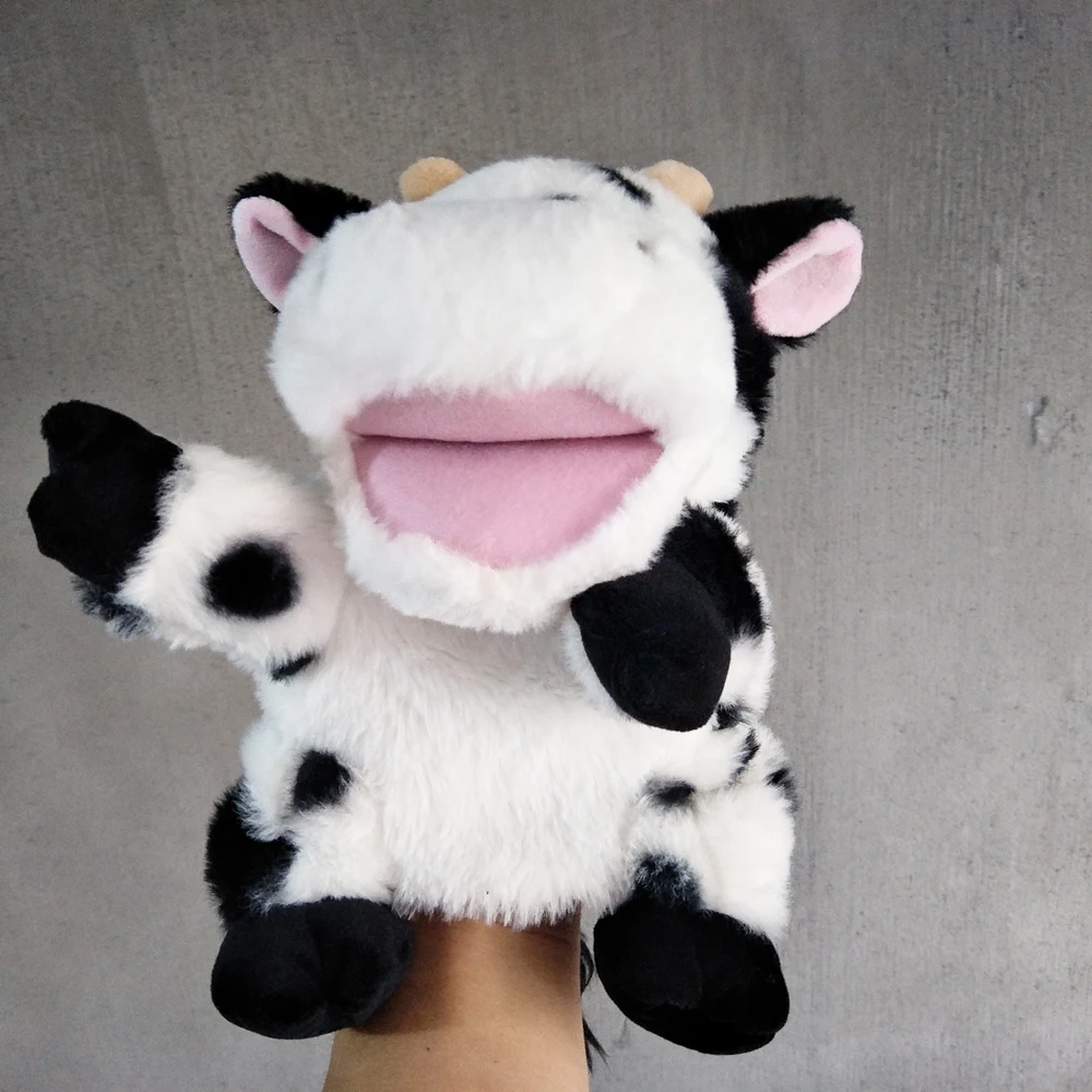 Boerderijdieren handpop melkkoe met open mond gevuld knuffel