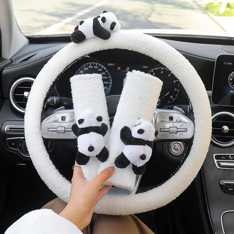 Cute Cartoon Panda Doll Ice Silk Universal Car Steering Wheel Covers Sets Auto Interior Accessories Seat Headrest Neck Pillow