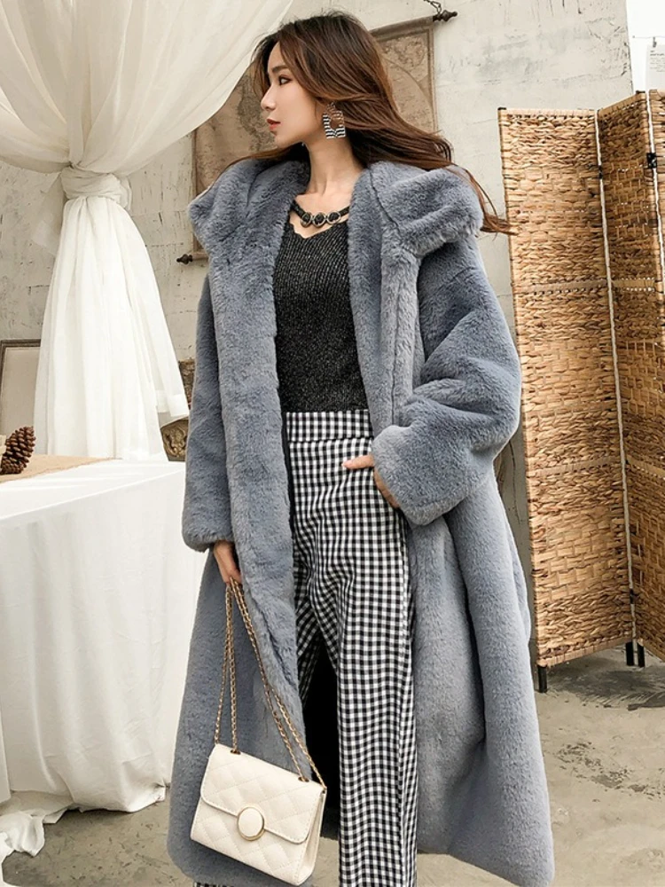 

Pink Lapel Faux Fur Long Coat Loose with Hood Hooded Faux Mink Furry Jackets Fluffy Warm Thick Plush Coat Luxury Women Outerwear