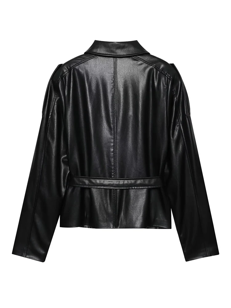 Damska kurtka skórzana vintage 2025 jesień zima nowa moda długi rękaw zamek błyskawiczny z paskiem kurtki damskie styl high street płaszcz rekreacyjny