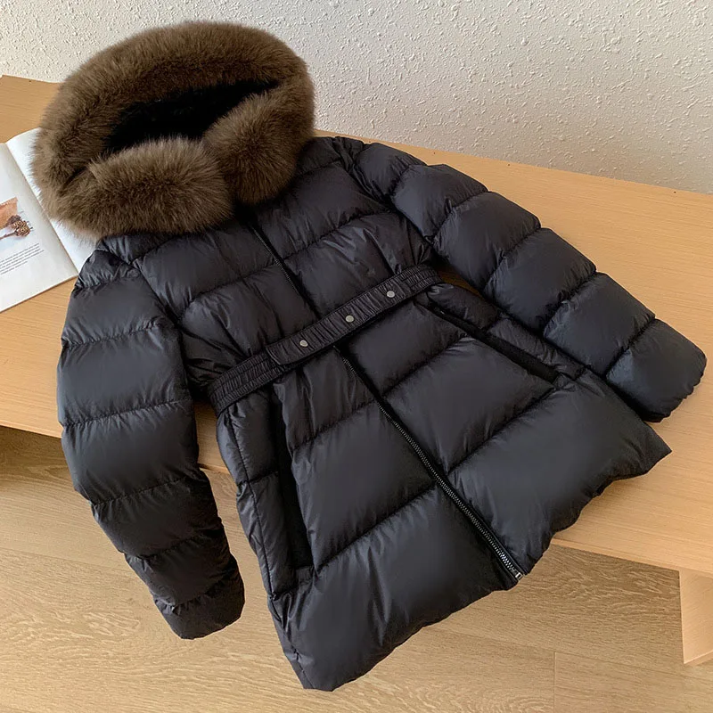 Casaco fino de luxo para mulheres, casaco com capuz quente, glamoroso colarinho de cabelo raposa, leve, alta qualidade, novo, inverno, Y242, 2024