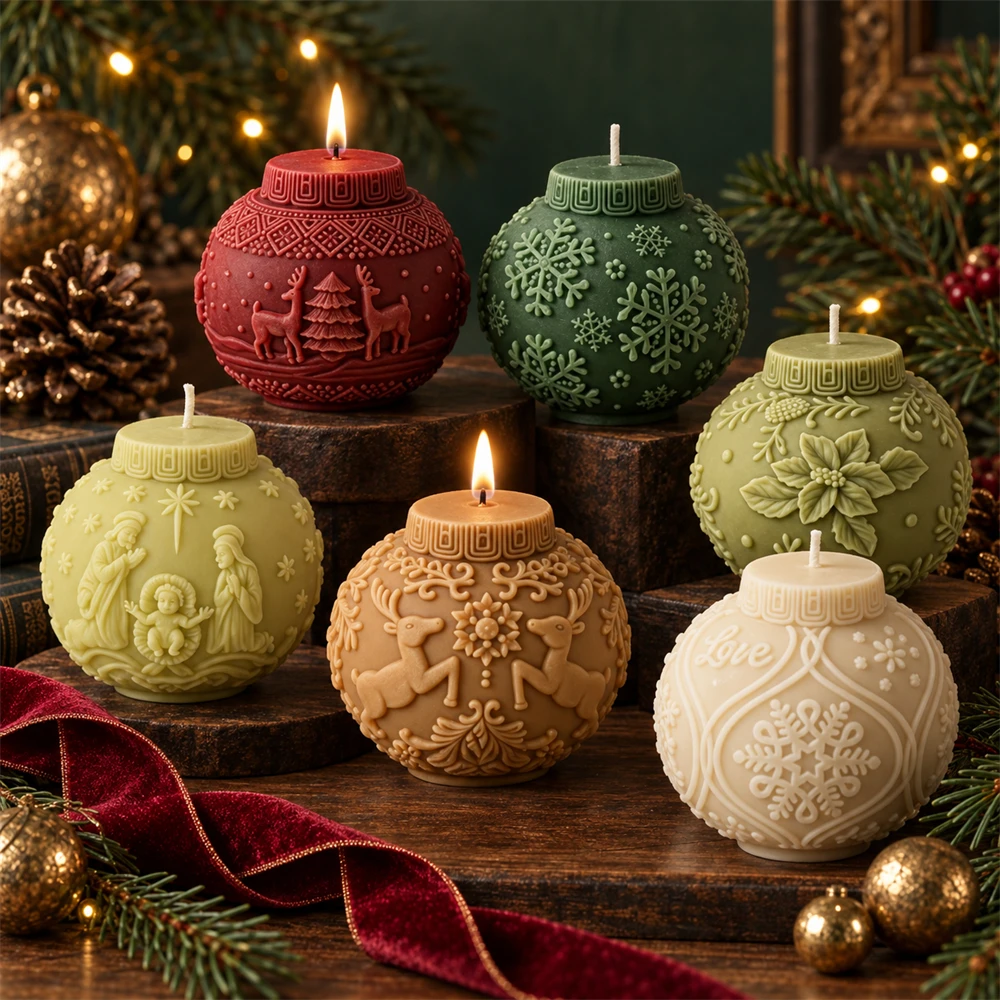 3D Christmas Ball Candle Mold Xmas Sphere Silicone Molds with Snowflake Reindeer Poinsettia Nativity Designs DIY Home Decor Gift