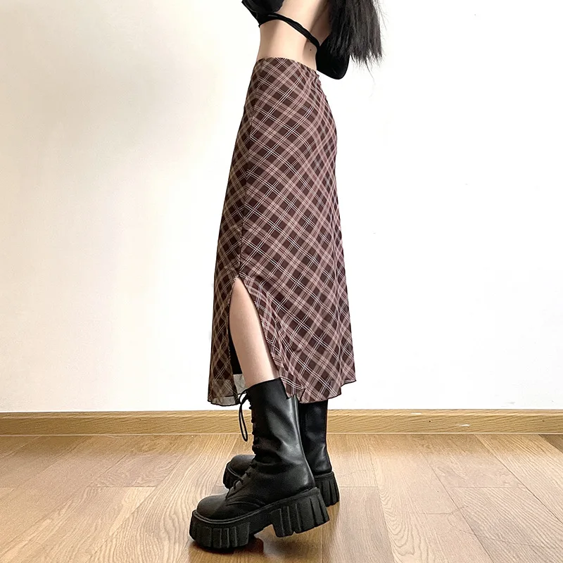 Kobiety Wiosna Jesień Plaid Print Wrap Hips Skirts Fashion Ankle-Length Sexy Slim Pencil Skirts Preppy Style Girls Slit Midiskirt