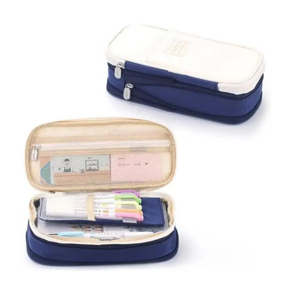 Polyester Simple Student Pen Bag Diagonal Color Blocked Storage Pencil Bag Multilayer Organizer Macaron Pencil Case Boy Girl