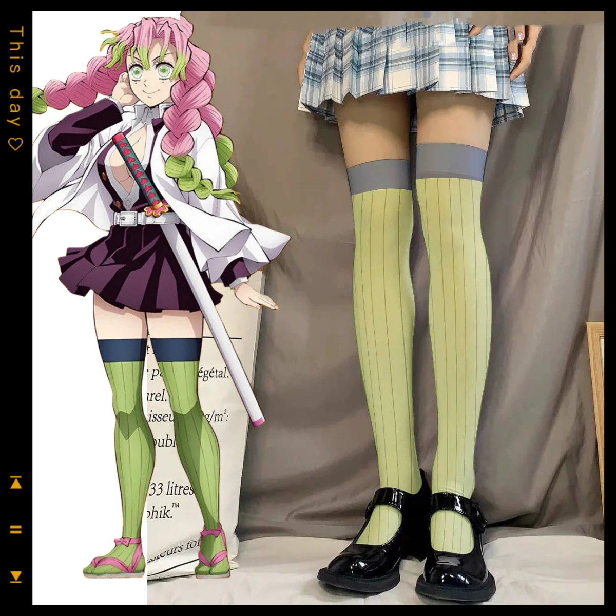 

demon slayer peripheral thigh high socks Kanroji Mitsuri stockings thin women's striped Cos stockings thigh high long knee