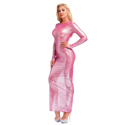 Women Sexy Glossy See Through Dress Long Sleeve Skinny Stretchy Bodycon Dress for Bikini Cover Up Erotic Dating Night Dress