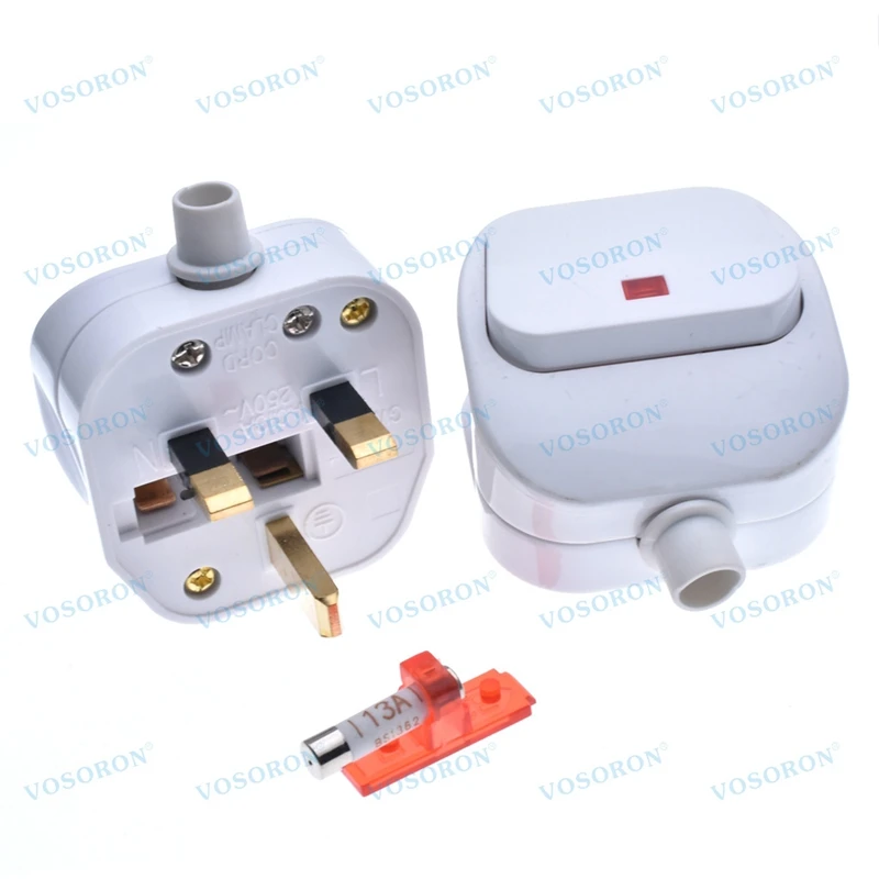 DIY UK 3-Prong Rewireable Power Plug 13A 250V with Switch and Fuse, British Standard Electrical Adapter Detachable