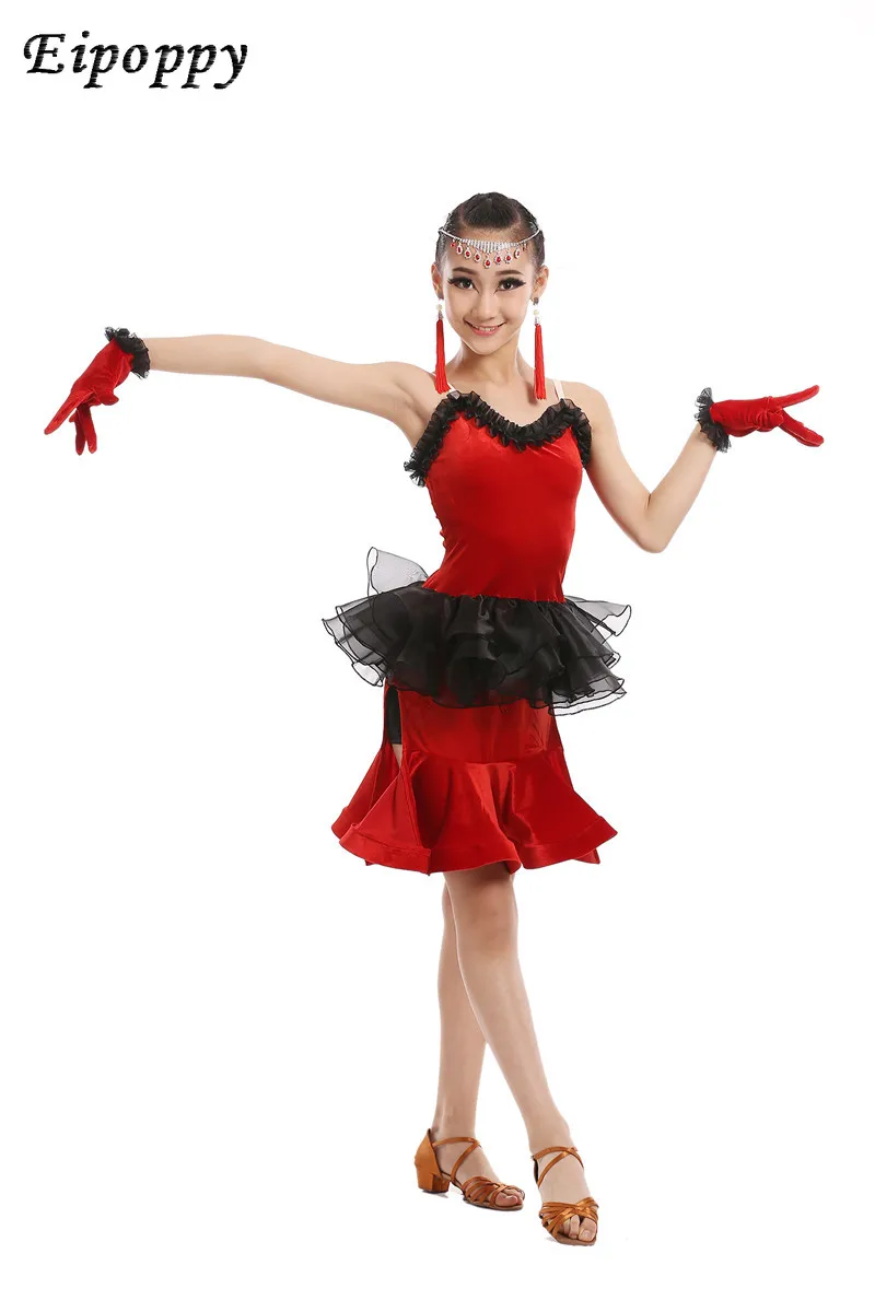 تنورة رقص لاتينية للأطفال ، ملابس ممارسة ، مخمل ذهبي للفتيات ، ملابس رقص من قطعة واحدة