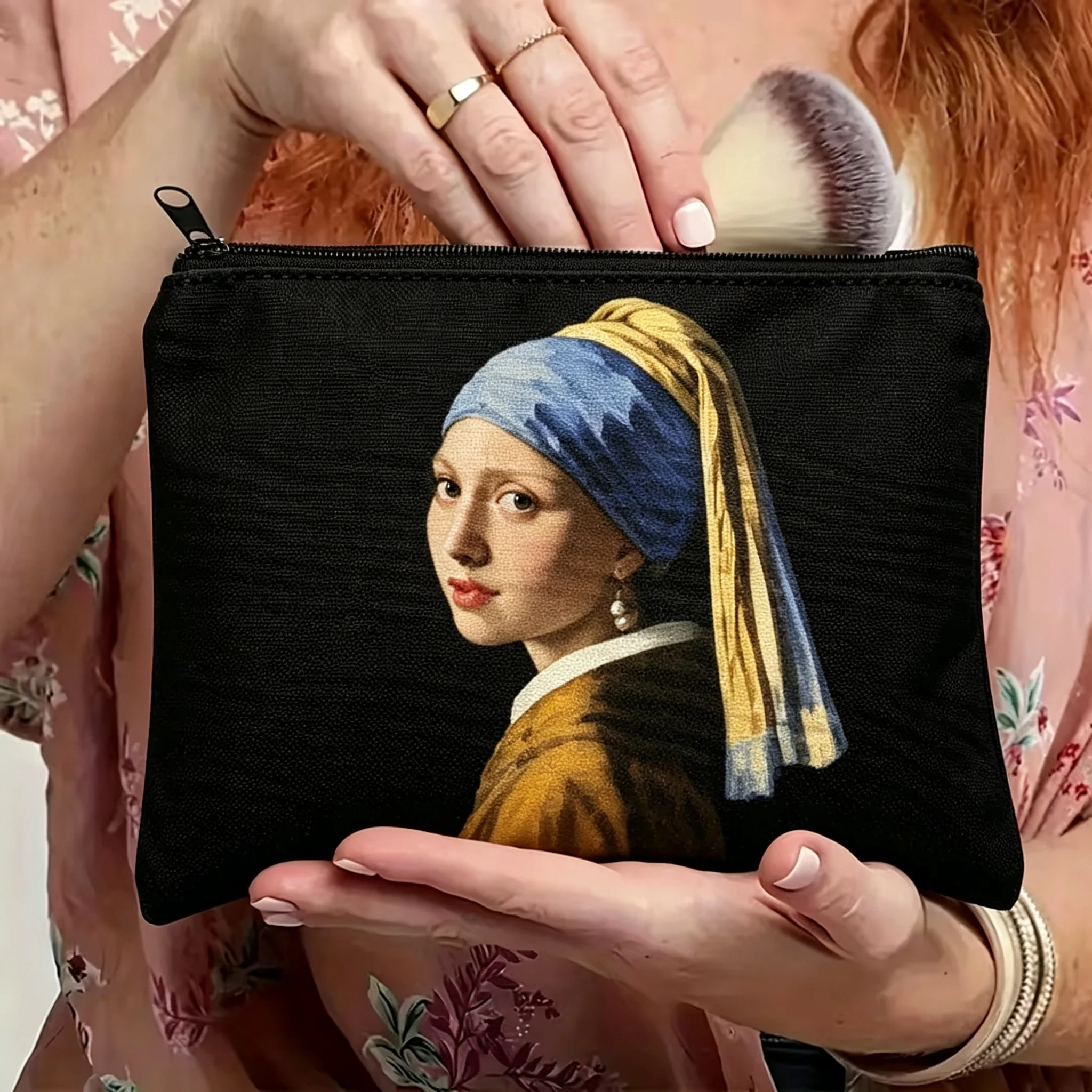 Girl with A Pearl Earring Vermeer Zipper Pouch, Classic Art Painting Cosmetic Bag, Black Canvas Makeup Pouch