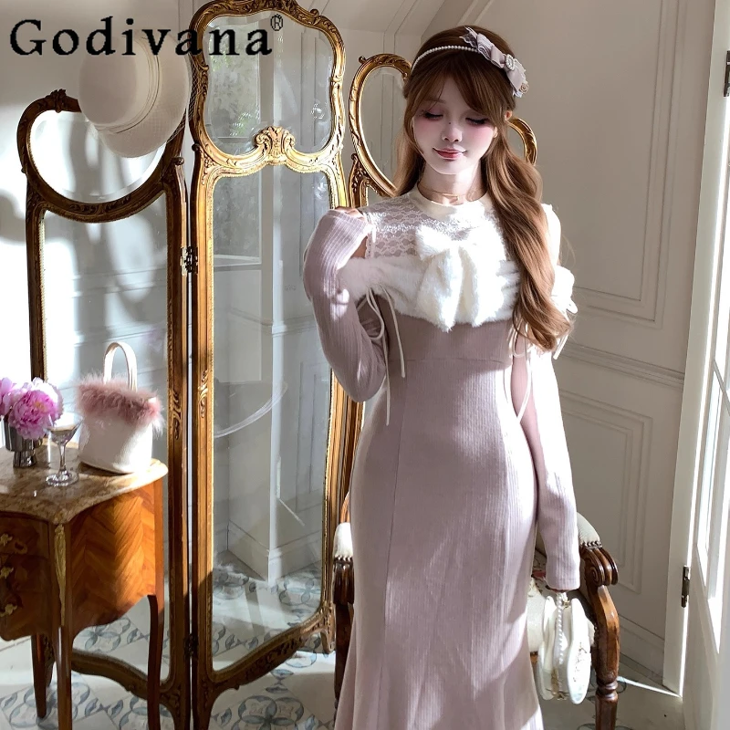 

Gentle Pink Purple Clear Series Dress for Ladies Japanese Style Lolita Sweet Long Dress Women's Autumn Bow Bodycon Cute Dress