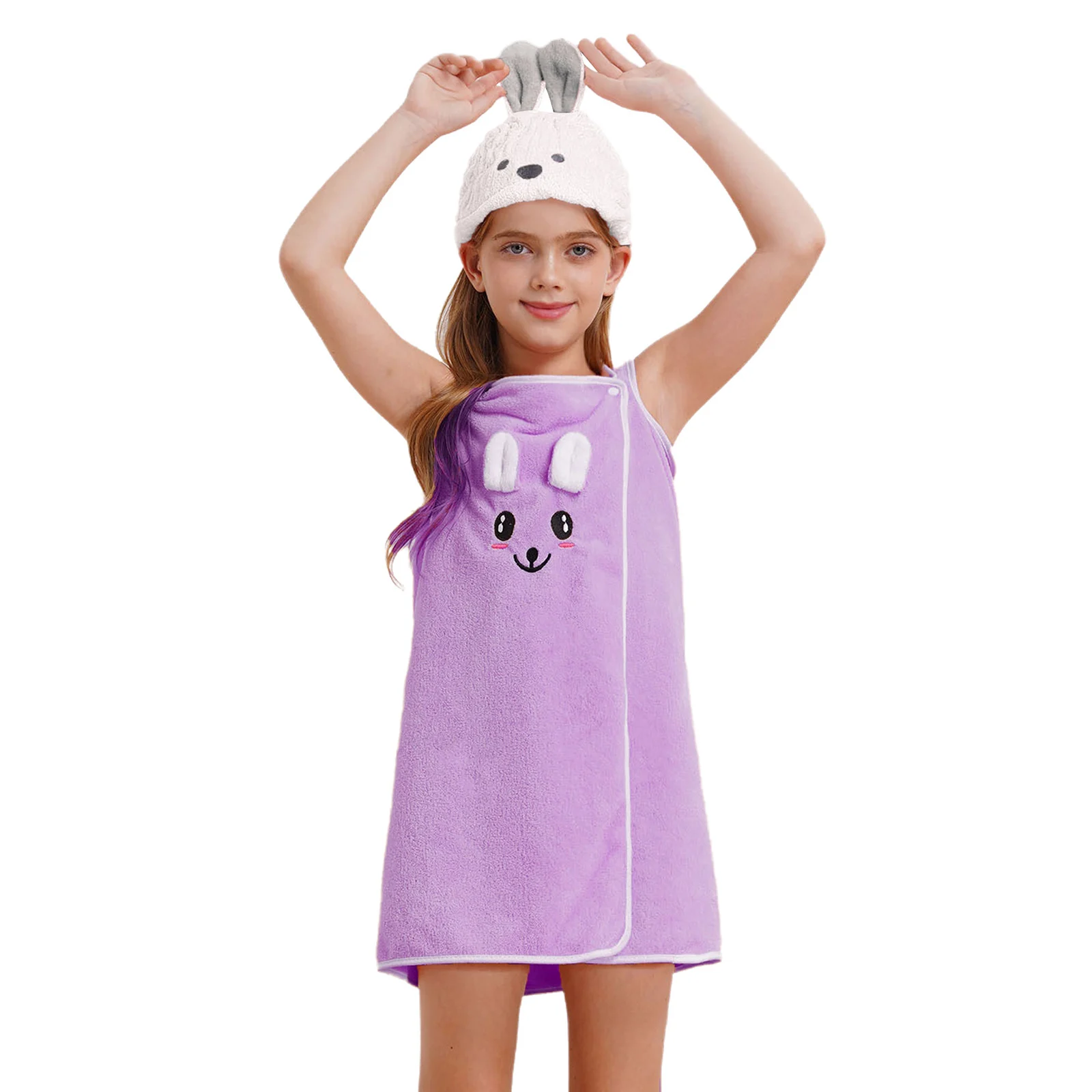 Kids Girls Bath Towel Bathrobe Cute Coral Fleece After Shower Hair Drying Wrap Absorbent Bath Towel with Rabbit Ears Cap