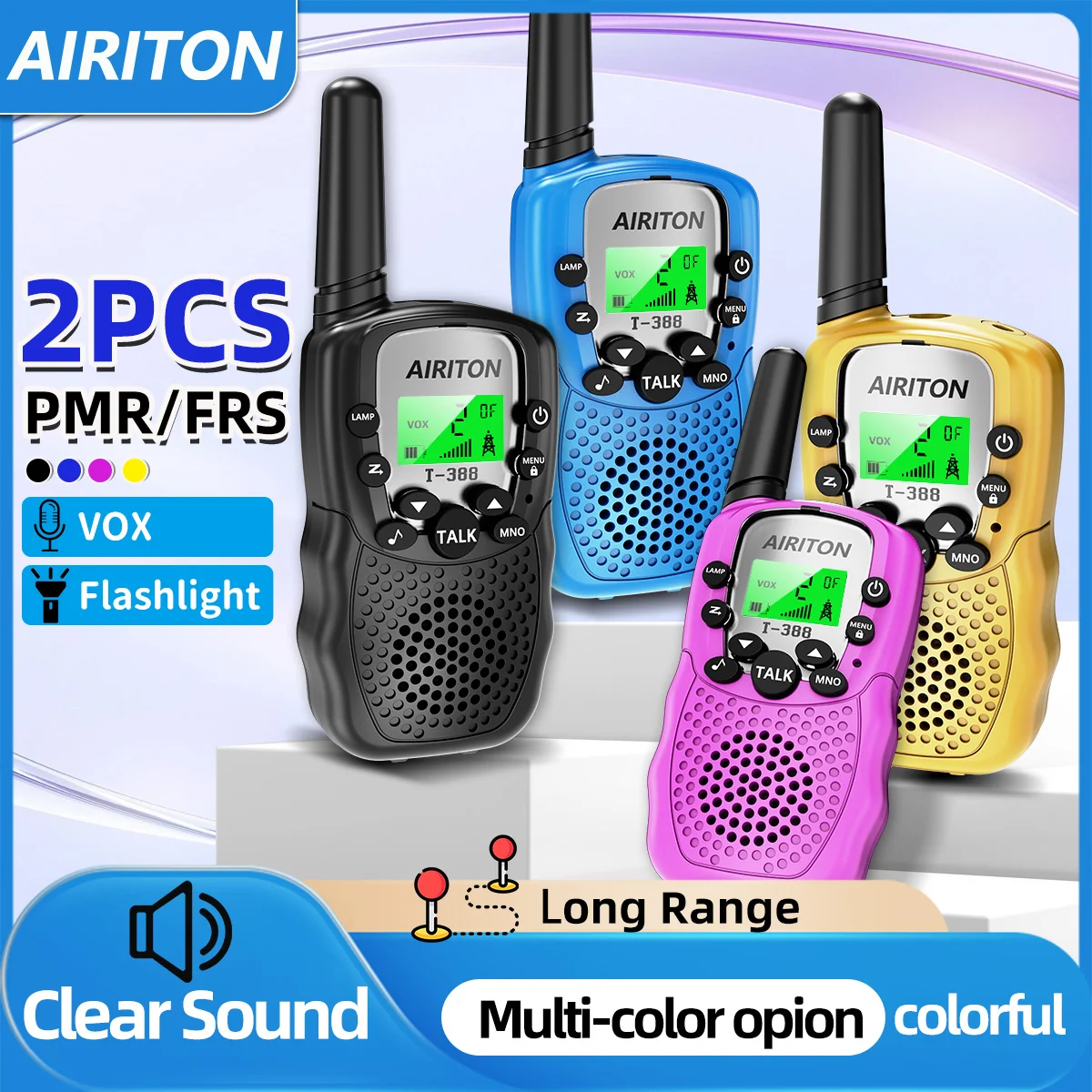 2PCS AIRITON T388 Kids Walkie Talkie HD Sound PMR/FRS 10 Call Tone Long Range Portable Two Way Ham Radio Children Christmas Gift