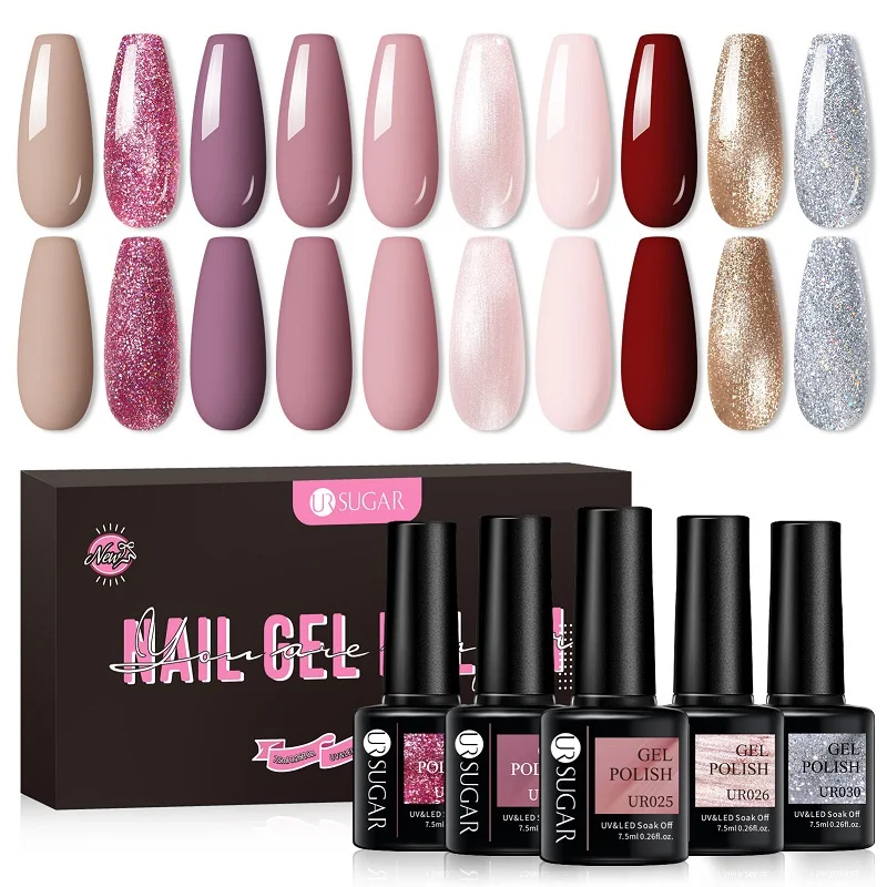 

UR SUGAR 10Pcs Colorful Gel Nail Polish Set Glitter Pink Red Color Soak Off UV Gel For Nail Art Manicure Kit Nail Supplies