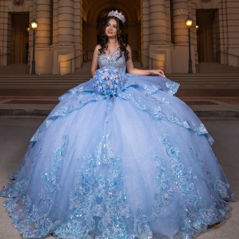 

Sky Blue Shiny Quinceanera Dresses Off The Shoulder Applique Lace Beading Crystal Bow Party Birthday Sweet 16 Dress Vestidos 15