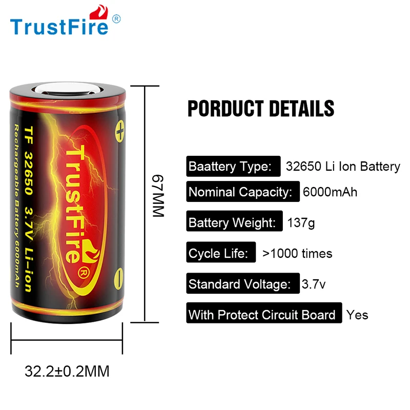 TrustFire High Capacity 6000mAh 32650 Lithium-ion Battery 3.7V Rechargeable Li ion Batteries with Protected Circuit Board Cells