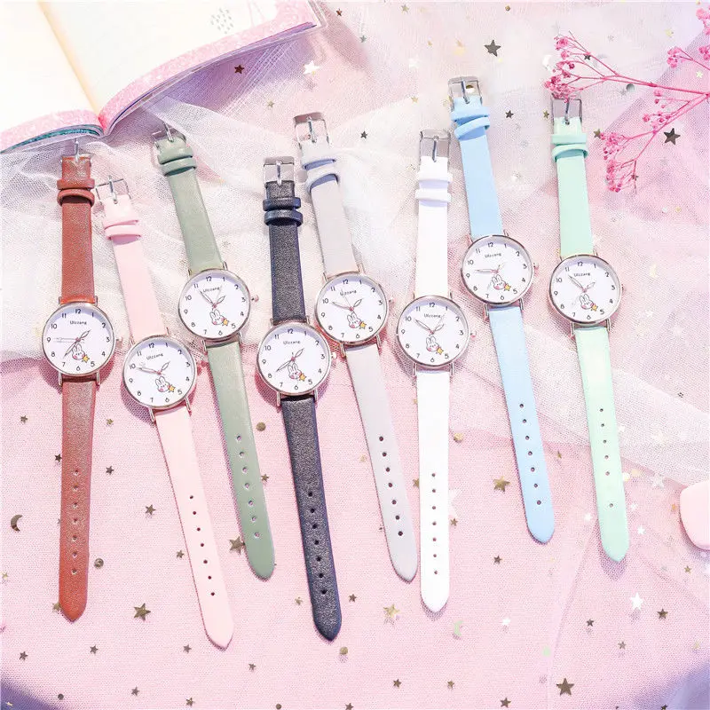 Girls Watch Set with Bracelet Cute Little Girl Student Rabbit Dial Leather Quartz Luminous Analog Children Watches Birthday Gift