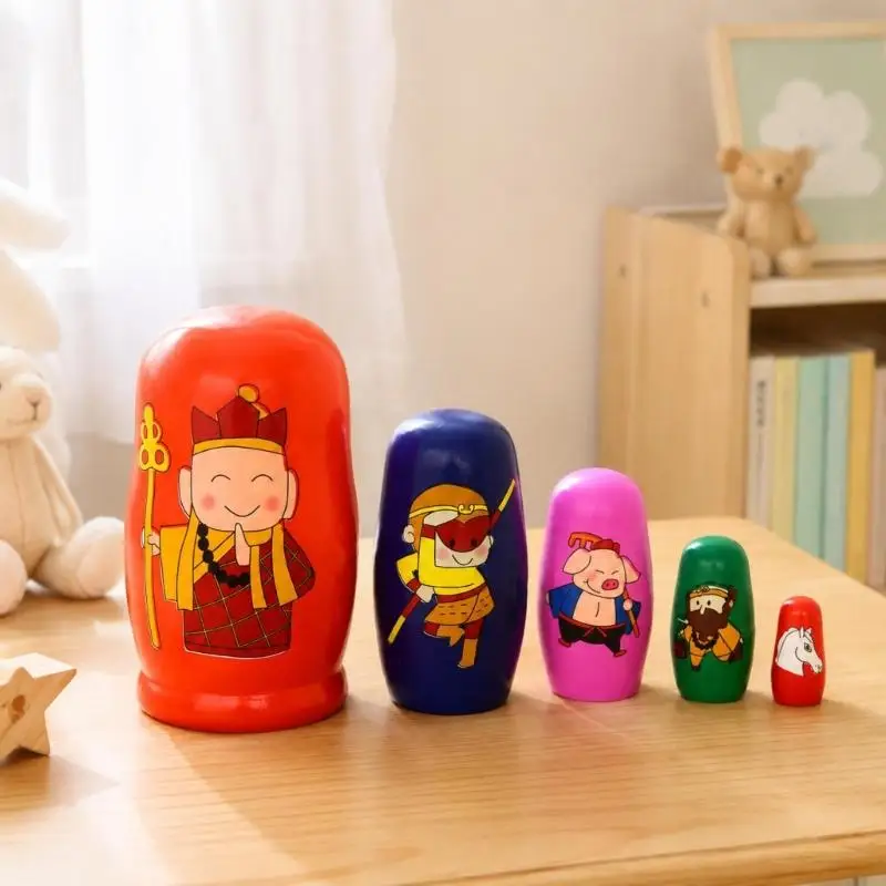 Five-Piece Nesting Doll Set with Painted Characters for Opening, Sorting, Stacking, Family Play, and Storage Inside A2UB