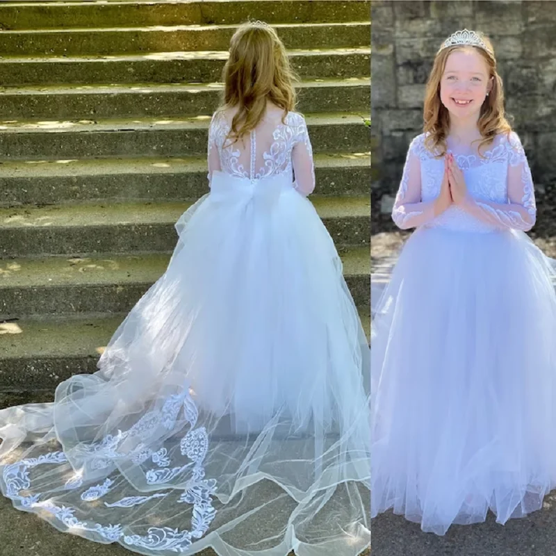 2024 Langarm Mädchen Hochzeits kleid Spitze Blumen mädchen Prinzessin Hochzeits feier Kleid Tüll Ballkleid Junior Brautjungfer Mädchen Kleid