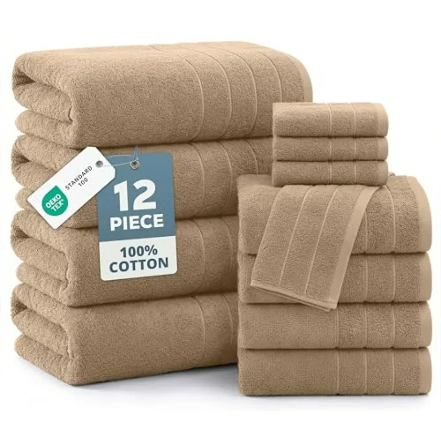 

12 Pcs Premium Cotton Towel Set for Home, Spa Gym - Beige, Soft Absorbent Bath, Washcloth Hand Towel Family Set