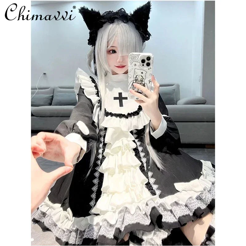 Japanese Gothic Lolita OP Dress Autumn Women Kwaii Bow Ruffles Blue White Patchwork Princess Dresses Sweet Girl Daily Dress