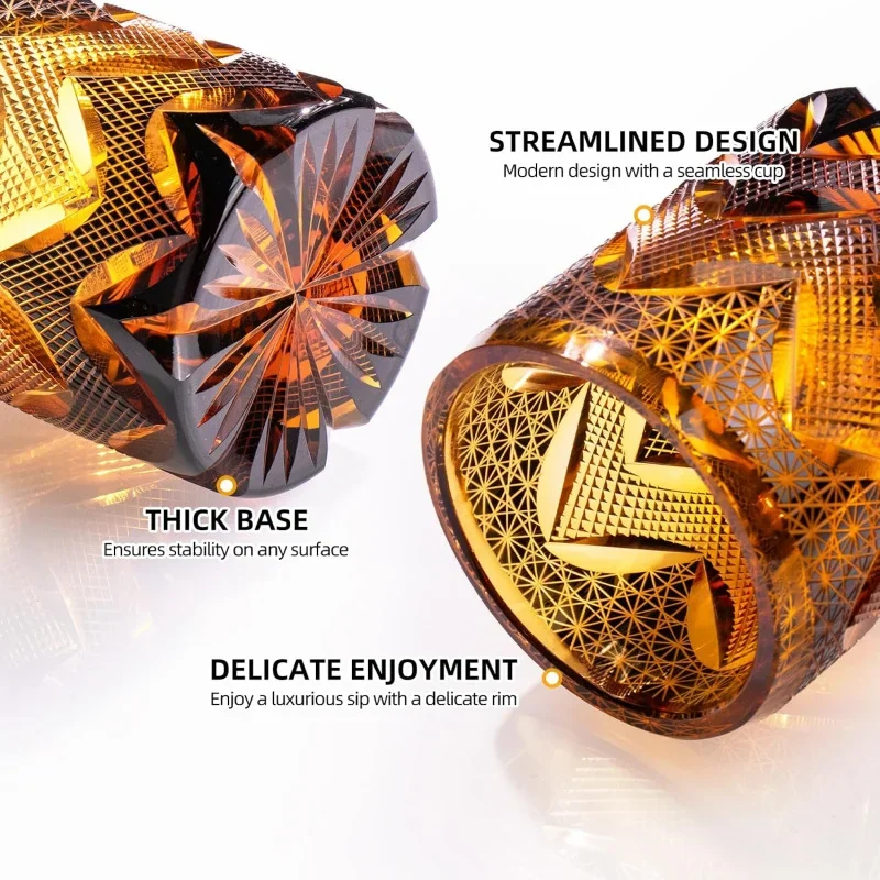 Amber Golden Wavy Crystal Glass Cup Japanese Style Hand Carving Drinking Tumbler For Whiskey Whisky Chivas Brandy Xo Vodka Soju