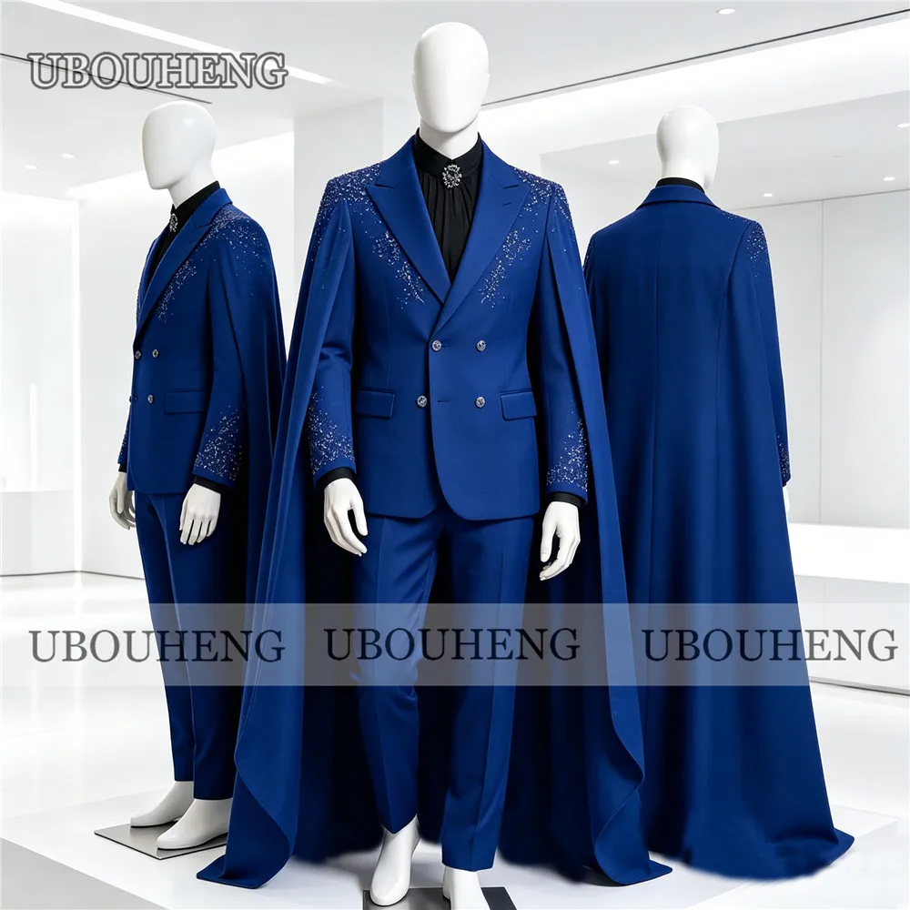 

Exquisite Crystals Beading Suit Man For Wedding High-End Customized Double Breasted Prom Blazer With Cape Long Pants Man Tuxedos
