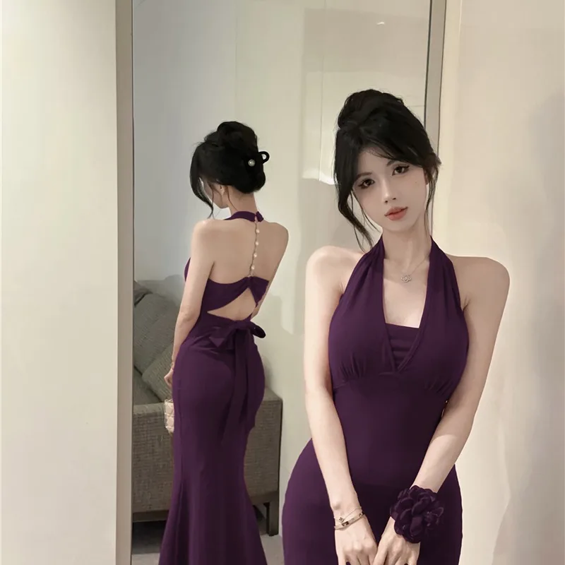 Vestido ter Sem Costas com Alça de Corrente Sexy e Picante para Mulheres, Saia de Cauda de Peixe Slim Fit de Verão, Vestid...