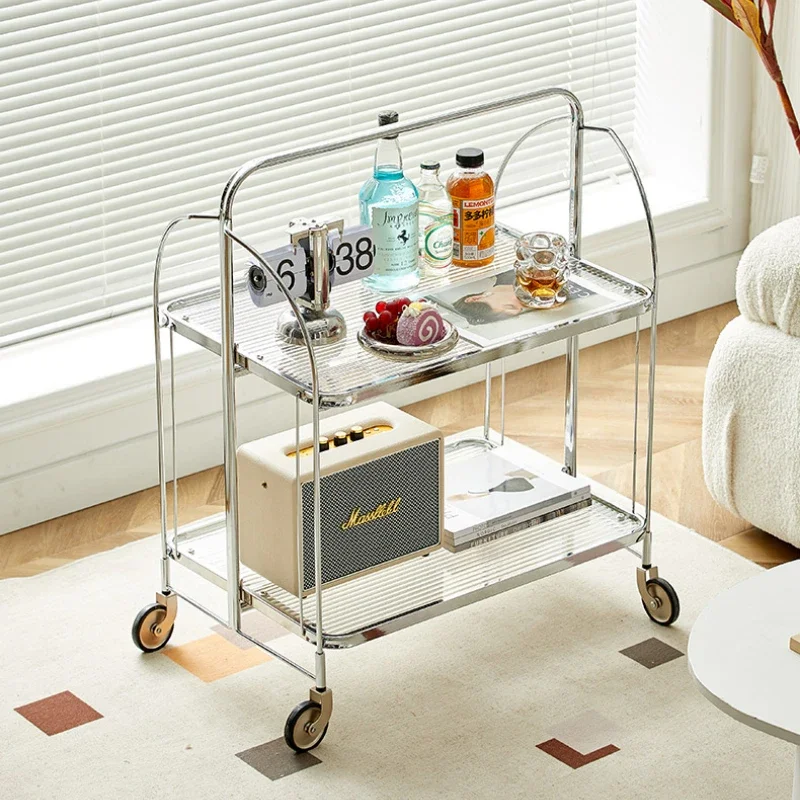 Vintage Glass Coffee Table  Easy-Clean  Rolling Cart  Ins  Serving Cart Foldable Storage Rack for Dining Rooms
