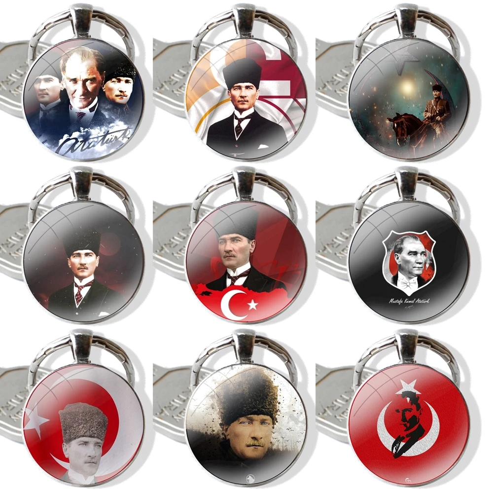 Turkey Mustafa Kemal Ataturk Glass Metal Pendant Key Chain Classic Men Women Key Ring Accessories Jewelry Gifts