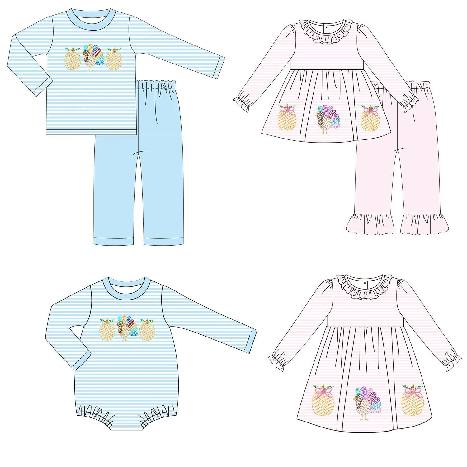 Wholesale Thanksgiving Children's ClothingStriped Long-Sleeve Pants Set Cartoon Turkey Print Girls Dress Newborn Jumpsuit