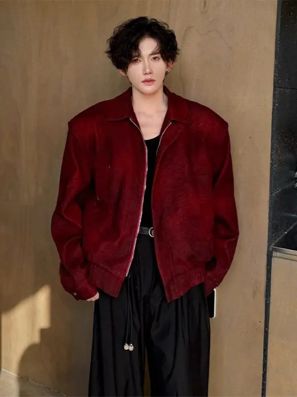 

Cleanfit Red oulder Pad ort Jaet Men's Model Hairst Autumn Faion High-End Feel Collar Zipper Decorated Street Sle