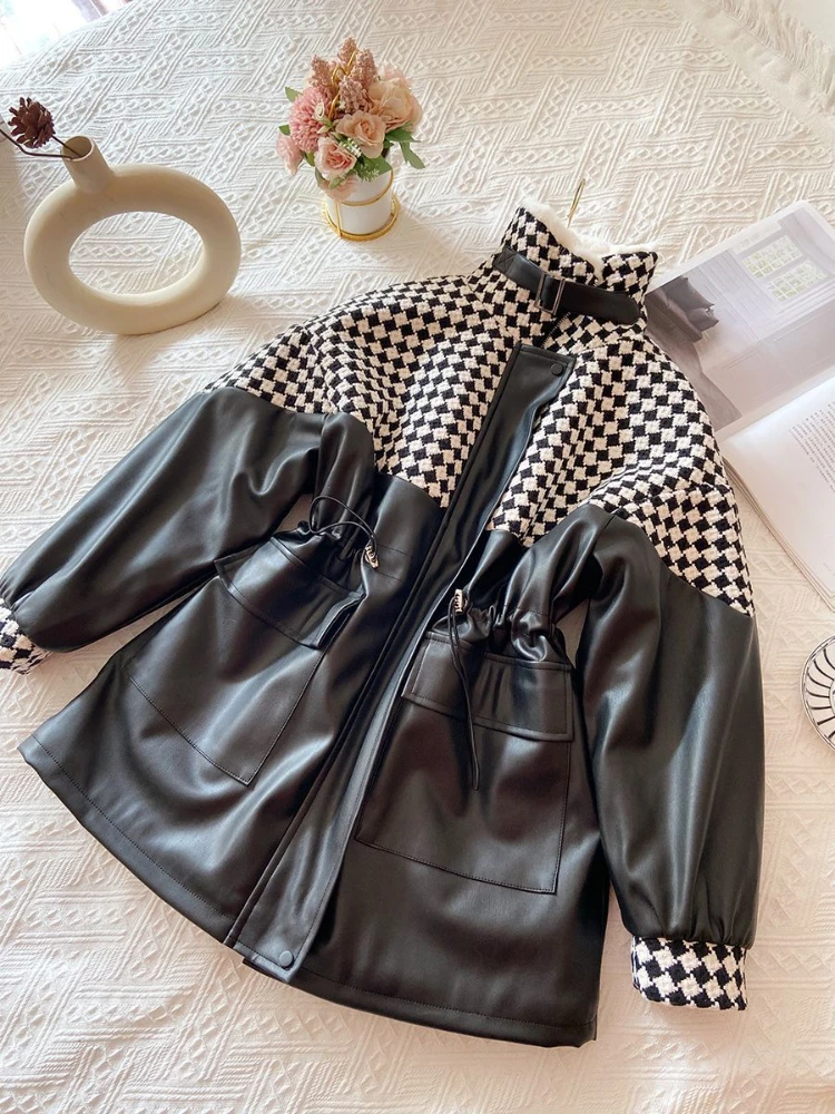 Winter Clothes Sheepskin PU Leather Jacket Women Mid-length Velvet Warm Cashmere Parka Faux Fur Leather Checkerboard Jacket